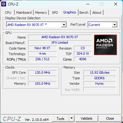 Info CPU-Z placa video XFX Mercury AMD Radeon RX 9070XT Gaming Edition