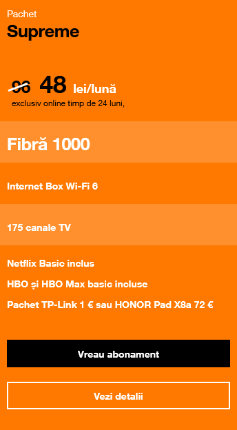 Orange scumpeÅte pachetul vedetÄ de internet fix + televiziune (Orange Supreme) Åi pune Ã®ncÄ 7 lei / lunÄ la costul abonamentului