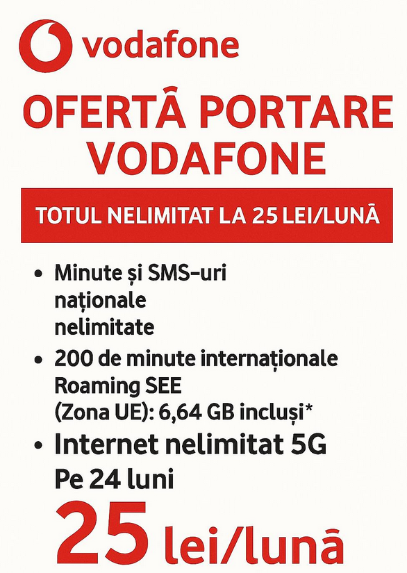 Vodafone Ã®ncearcÄ sÄ atragÄ abonaÅ£i noi pe telefonie mobilÄ Åi iese Ã®n piaÅ£Ä la portare cu un abonament ce oferÄ totul NELIMITAT la doar 25 lei / lunÄ