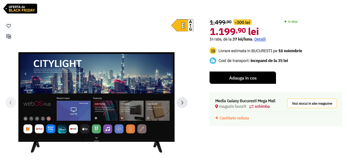 Cel mai ieftin smart tv din RomÃ¢nia cu rezoluÅ£ie 4K Åi diagonalÄ mare de 139 cm costÄ doar 1199,90 lei