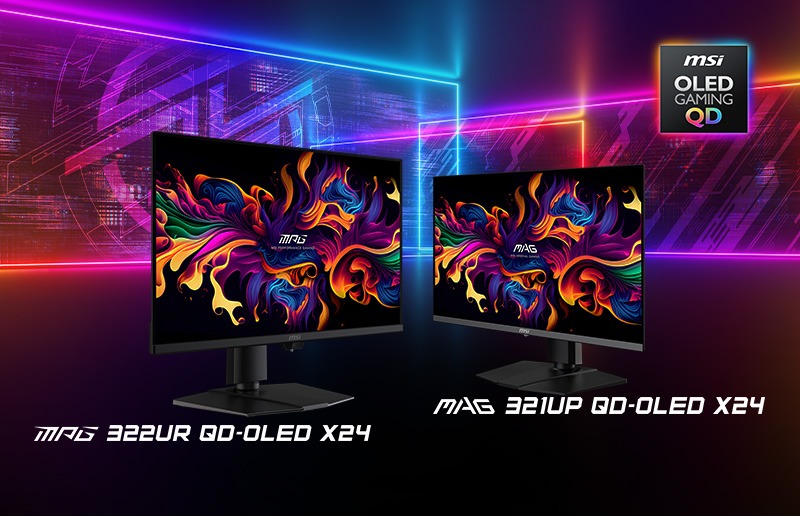 DouÄ monitoare QD-OLED de la MSI – 322UR QD-OLED X24Â siÂ MAG 321UP QD-OLED X24 (Tandem OLED, rezoluÈie 4K, DarkArmor Film, Uniform Luminance Èi unul dintre ele cu AI Care pentru protecÈia panelului)
