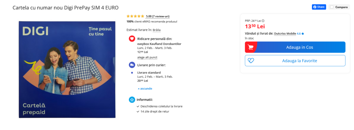 Un cititor Åi-a comandat cartela prepay Digi Mobil cu 4 euro credit la 13.50 lei lei + transport de pe eMAG Marketplace (iatÄ ce ne-a povestit)