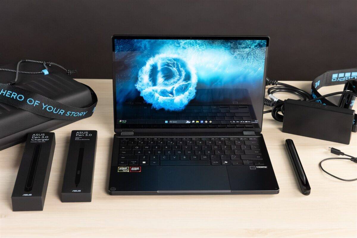 Laptop gaming cu ecran mare și accesorii high-tech pentru gaming.