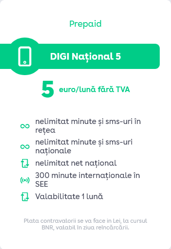 Digi Mobil ajusteazÄ oferta, iar opÅ£iunea prepay Digi NaÅ£ional 5 ce costÄ 5 euro / lunÄ fÄrÄ TVA, nu va mai oferi internet mobil nelimitat