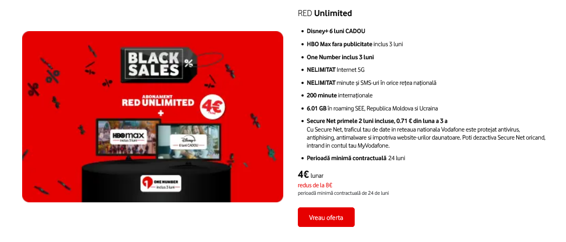 Doar Ã®n acest weekend (14-15 februarie) te portezi la Vodafone Åi primeÅti internet 5G nelimitat, HBO Max inclus 3 luni, Disney+ cadou 6 luni Åi One Number inclus 3 luni, la doar 4 euro / lunÄ