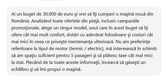 I-am Ã®ntrebat pe ChatGPT Åi pe Google Gemini ce maÅinÄ nouÄ de 30.000 de euro Åi-ar cumpÄra azi din RomÃ¢nia (rÄspunsurile sunt foarte diferite, dar la fel de interesante)