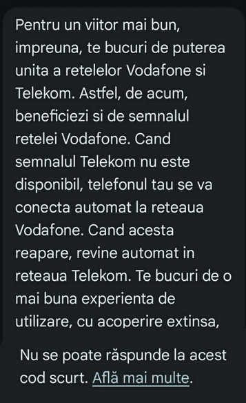 AbonaÅ£ii Telekom au fost informaÅ£i cÄ de acum Ã®nainte se vor bucura de semnal mai bun, reÅ£eaua Vodafone urmÃ¢nd a o Ã®nlocui pe cea Telekom Ã®n zonele unde aceasta nu oferÄ acoperire