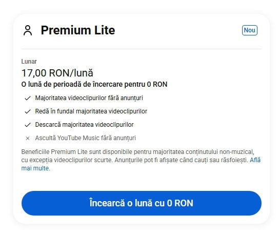 Abonamentul YouTube Premium Lite devine mai interesant Ã®n RomÃ¢nia (ce funcÅ£ii noi sunt oferite la acelaÅi preÅ£ de 17 lei / lunÄ?)