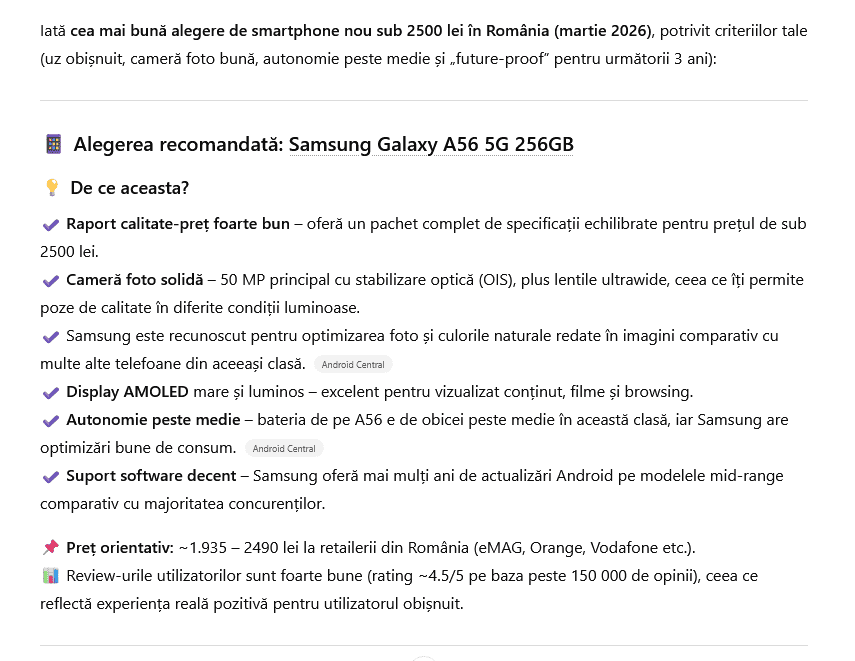 I-am Ã®ntrebat pe ChatGPT Åi pe Google Gemini ce smartphone Åi-ar cumpÄra azi, dacÄ ar avea un buget de 2500 lei (ambele au ales exemplare de la acelaÅi producÄtor)