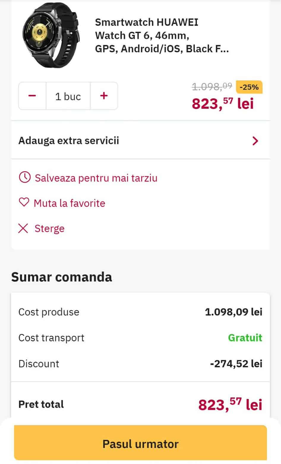 Oferta zilei: smartwatch-ul Huawei Watch GT 6 de 46 mm poate fi cumpÄrat pentru doar 823.57 lei