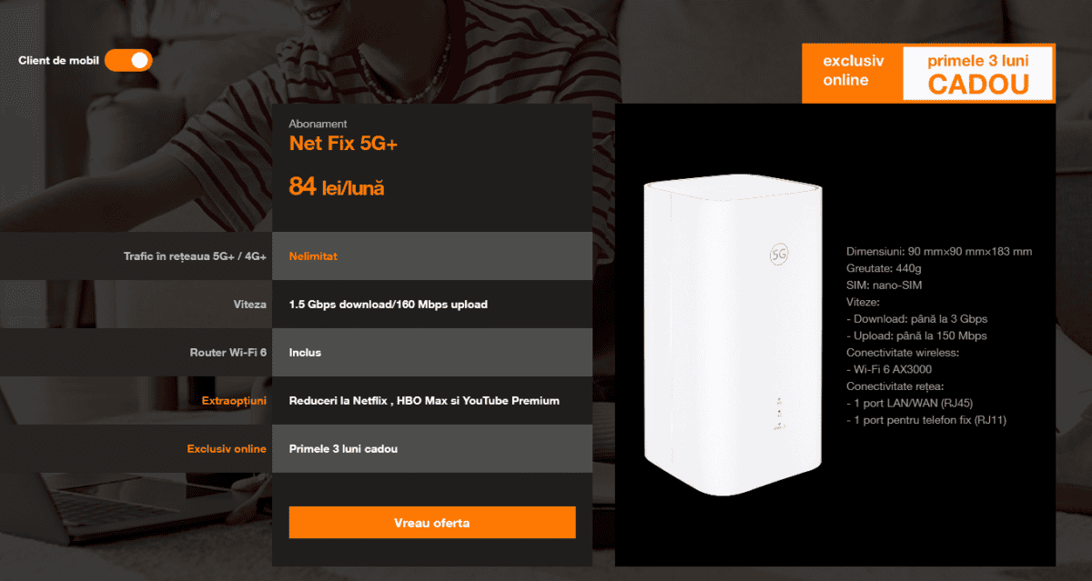 Orange Net Fix 5G+, prima soluÅ£ie de internet fix 5G+ pentru acasÄ fÄrÄ instalare, vine acum cu 3 luni cadou Åi reduceri la extraopÅ£iuni (Netflix, YouTube Premium, HBO Max)