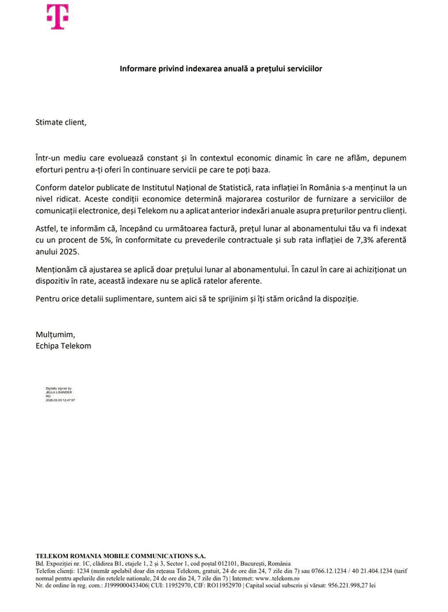 Telekom RomÃ¢nia anunÅ£Ä Ã®n premierÄ aplicarea clauzei de indexare Åi scumpeÅte abonamentele cu 5%
