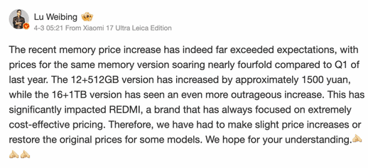 PreÅedintele Xiaomi recunoaÅte cÄ preÅ£urile pentru tot ce Ã®nseamnÄ memorie RAM + spaÅ£iu de stocare au luat-o razna