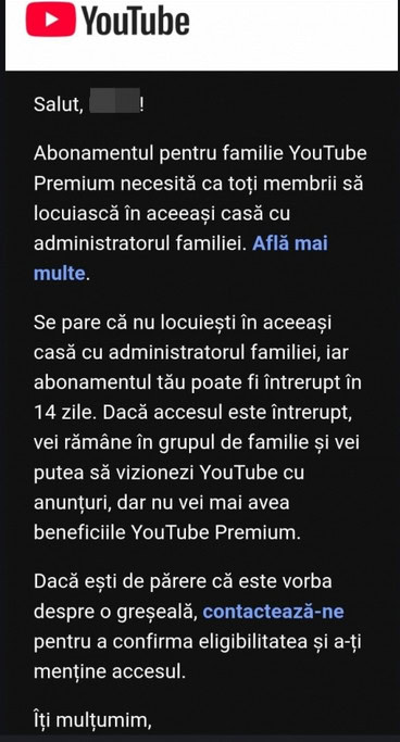 AbonaÅ£ii YouTube Premium Familie din RomÃ¢nia au Ã®nceput sÄ primeascÄ notificÄri de limitare a share account-ului doar pentru membrii din aceeaÅi gospodÄrie