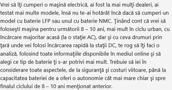 I-am Ã®ntrebat pe ChatGPT Åi pe Google Gemini ce tip de baterie ar alege pentru o maÅinÄ electricÄ pentru un ciclu de utilizare de 8 â 10 ani (LFP sau NMC)