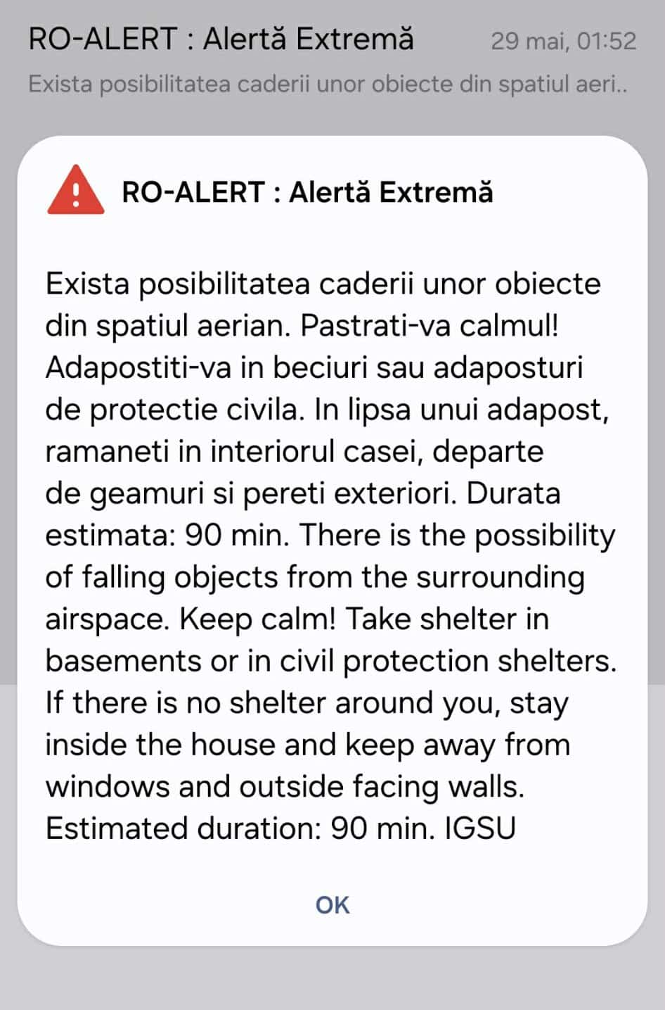 Ieri noapte am primit alertÄ RO-ALERT pentru drona cÄzutÄ la GalaÅ£i, iar panica s-a instaurat Ã®n casÄ