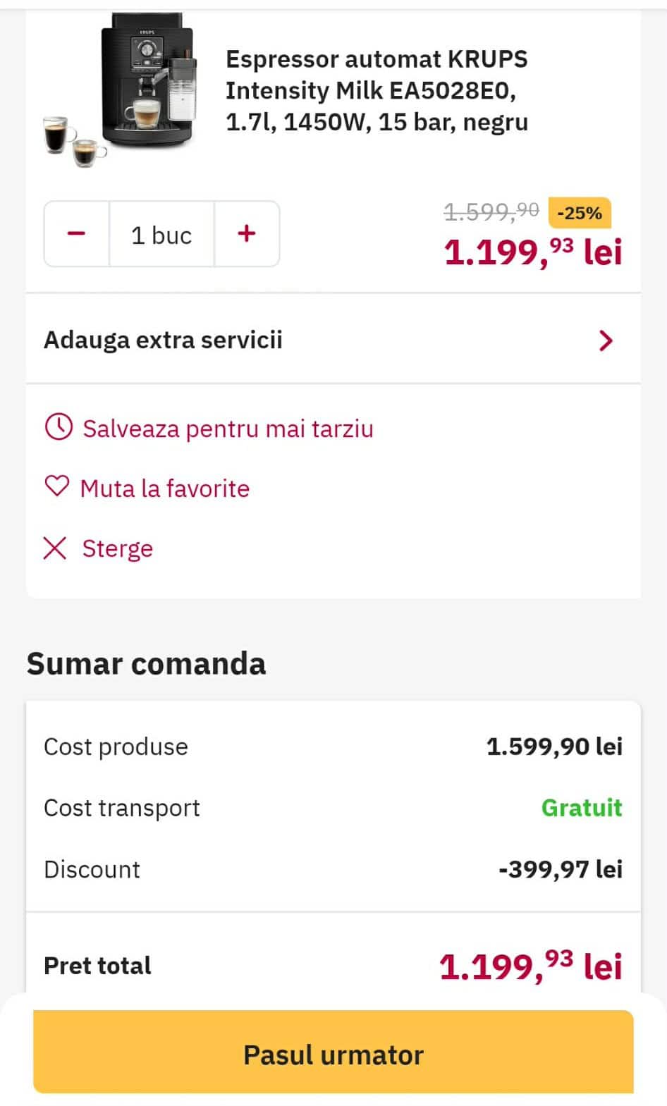 Oferta zilei: espressor automat KRUPS Intensity Milk EA5028E0 costÄ doar 1199,93 lei (mai primiÅ£i Åi 50 lei voucher pentru cafea Lavazza)