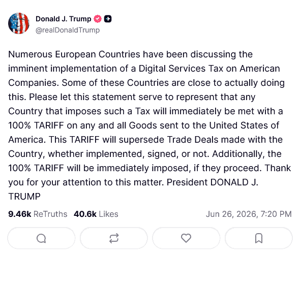 Donald Trump ameninÅ£Ä Å£Ärile europene ce vor sÄ taxeze companiile tech americane cu taxe vamale de 100% pe toatÄ relaÅ£ia comercialÄ
