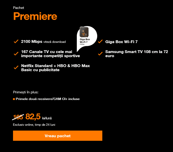 La pachetul Orange Premiere (internet fix + televiziune), operatorul portocaliu oferÄ gratuit routerul Giga Box Wi-Fi 7 (iatÄ ce Åtim despre acesta)