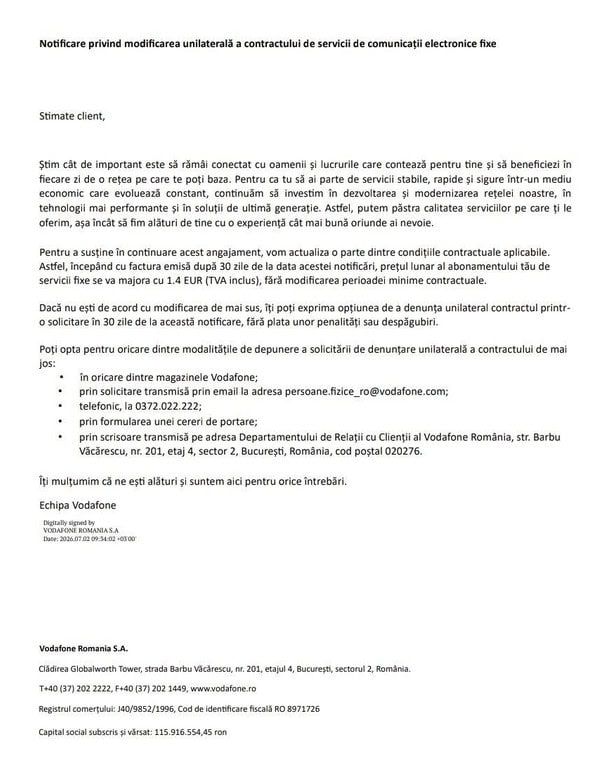 Vodafone scumpeÅte unilateral serviciile de comunicaÅ£ii electronice fixe cu 1,4 euro TVA inclus la unii clienÅ£i (atenÅ£ie, nu vorbim de clauza de indexare)