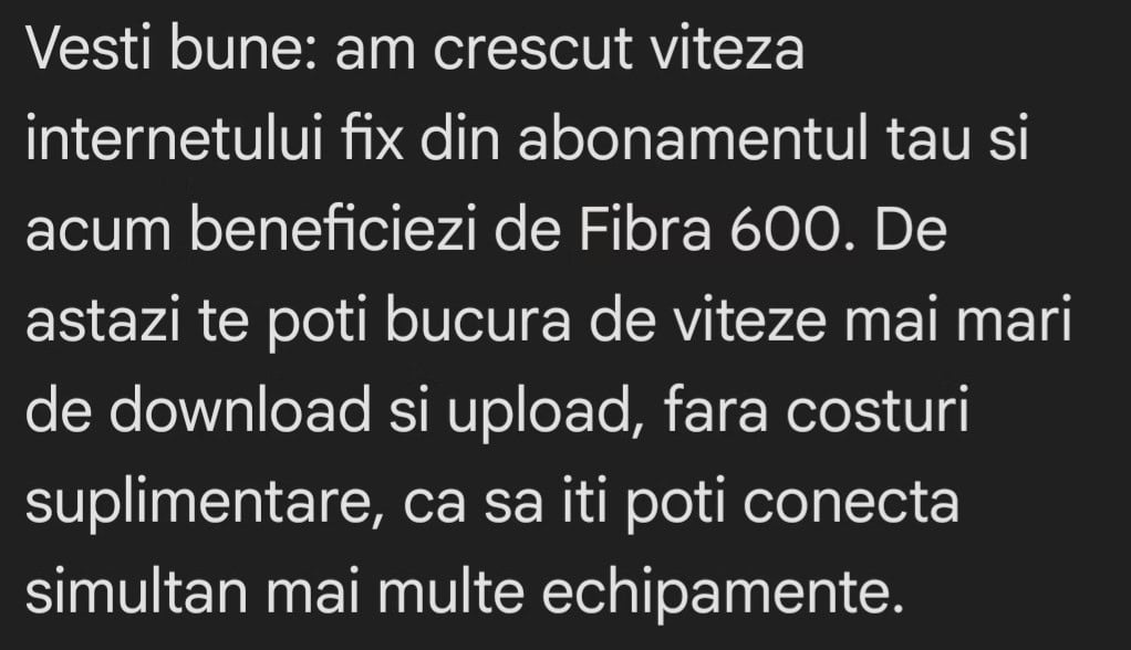 Orange RomÃ¢nia oferÄ upgrade gratuit la FibrÄ 600 (toÅ£i cei cu abonament de internet fix FibrÄ 500 primesc viteze mai mari)