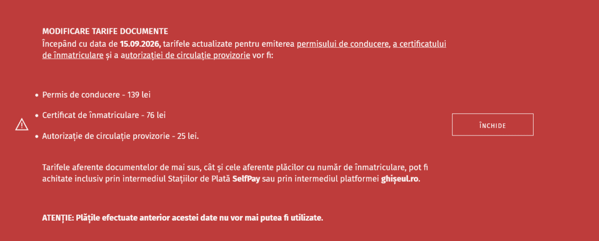 Permisul de conducere, certificatul de Ã®nmatriculare Åi autorizaÅ£ia de circulaÅ£ie provizorie se scumpesc Ã®ncepÃ¢nd cu data de 15 septembrie