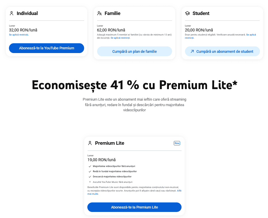 YouTube scumpeÅte toate abonamentele YouTube Premium din RomÃ¢nia (din nou)