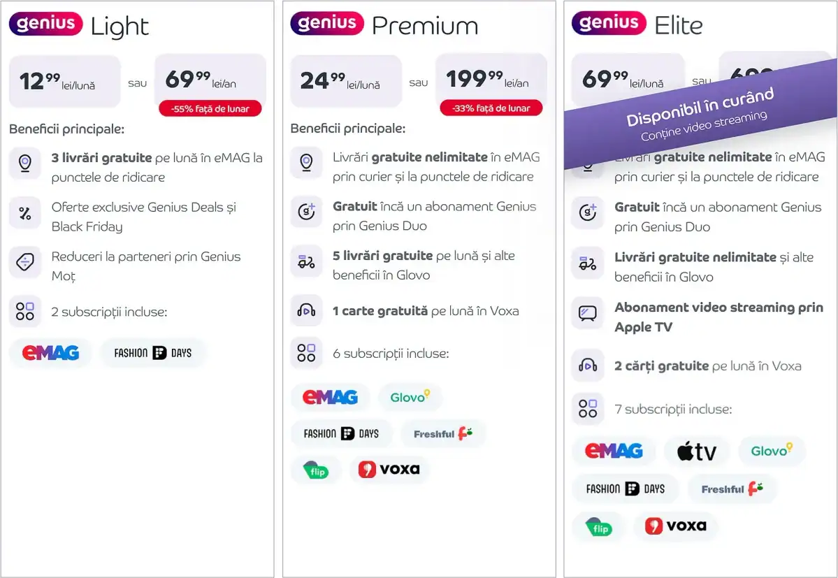 eMAG Genius a fost actualizat la nivel de preÈ – trei planuri diferite (de la 12.99 lei pe lunÄ Èi pÃ¢nÄ la 69.99 lei pe lunÄ, pachet Elite cu Apple TV etc)