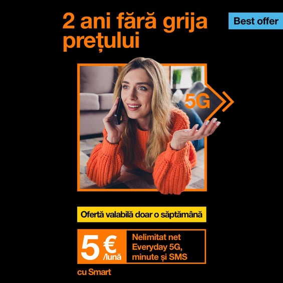Orange oferÄ abonamentul nelimitat Smart la 5 euro / lunÄ pe toatÄ perioada contractualÄ de 24 luni pentru contracte noi (la portare preÅ£ul este Åi mai avantajos)