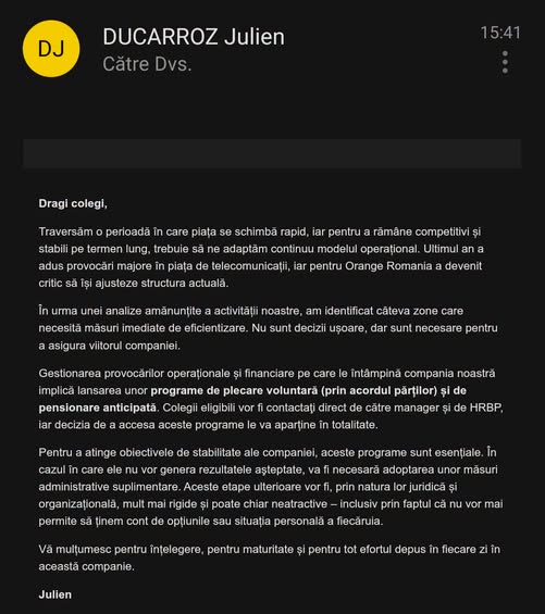 Orange RomÃ¢nia va declanÅa un val de concedieri amiabile (pensionÄri anticipate Åi plecÄri voluntare prin acordul pÄrÅ£ilor)