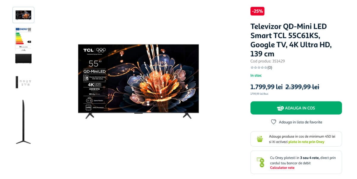 Oferta zilei: televizor cu tehnologie Mini LED TCL 55C61KS cu rezoluÅ£ie 4K HDR Åi diagonalÄ de 139 cm, la super preÅ£ul de 1799,99 lei